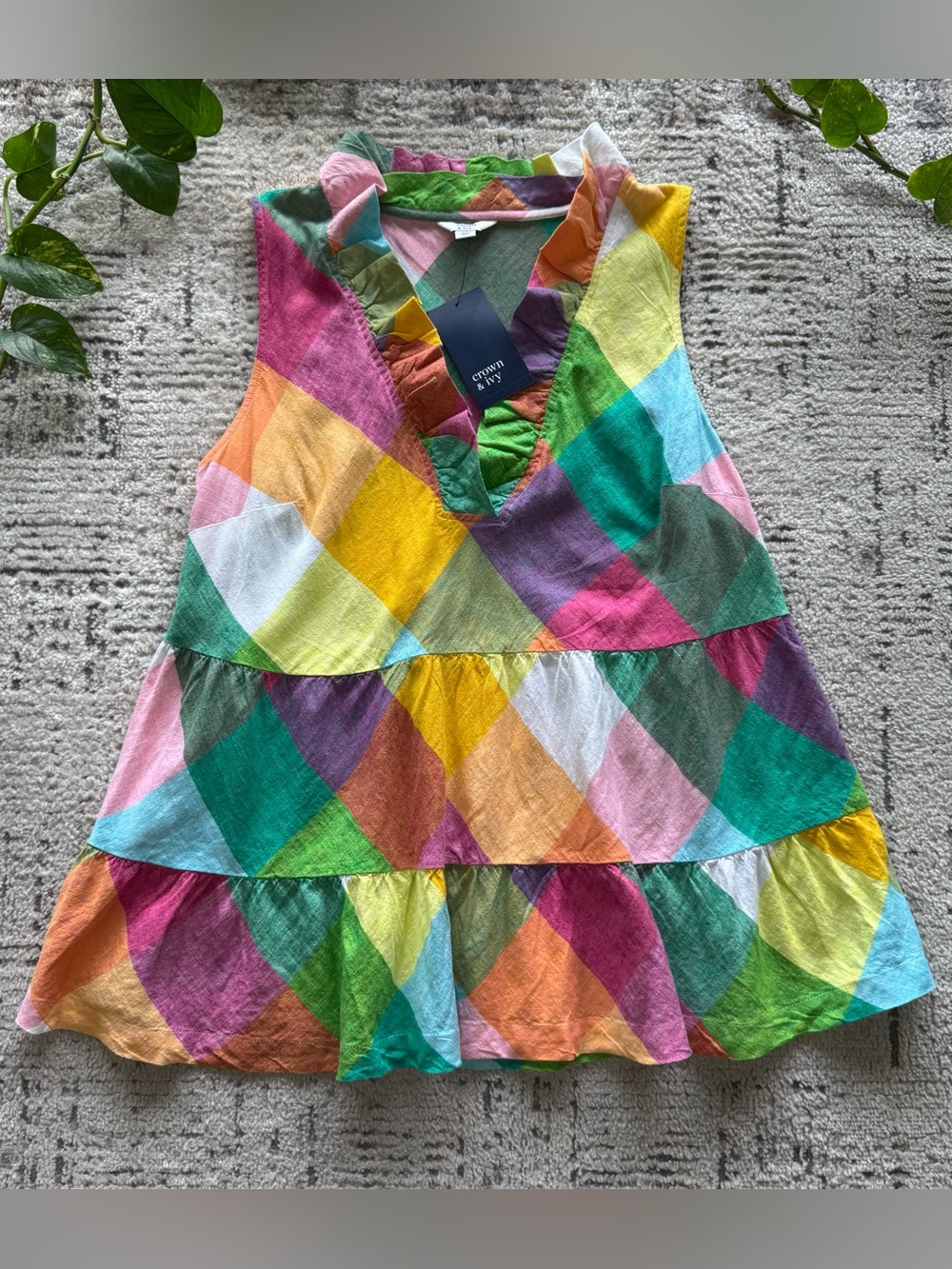 crown & ivy Multi-Color Diamond Print Tiered Top
